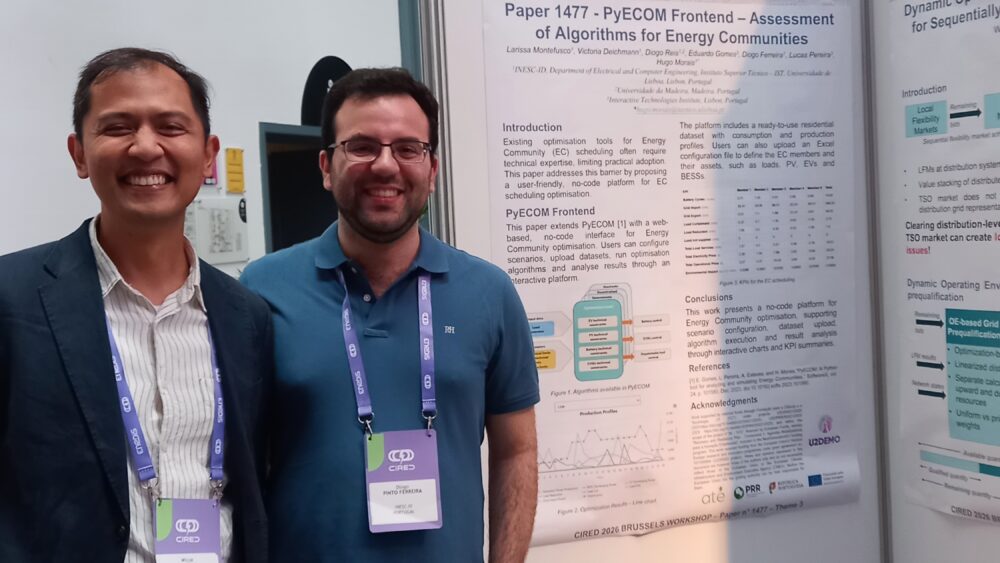Diogo Pinto Ferreira presenting the PyECOM Frontend poster at CIRED 2026 on behalf of U2DEMO partner INESC-ID.