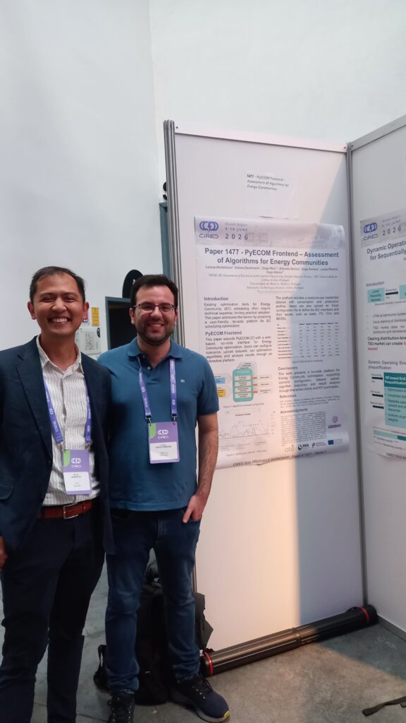 Diogo Pinto Ferreira presenting the PyECOM Frontend poster at CIRED 2026 on behalf of U2DEMO partner INESC-ID.