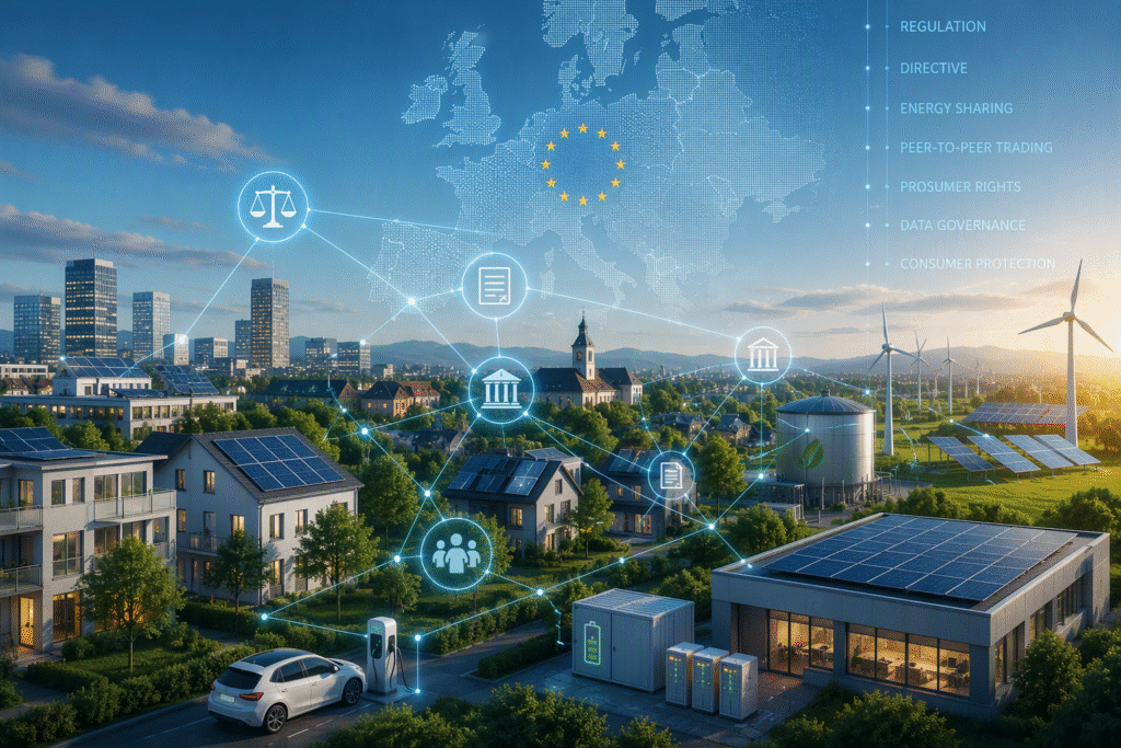 Conceptual visualization of energy sharing regulation in Europe, showing interconnected energy communities, renewable energy assets and governance networks.