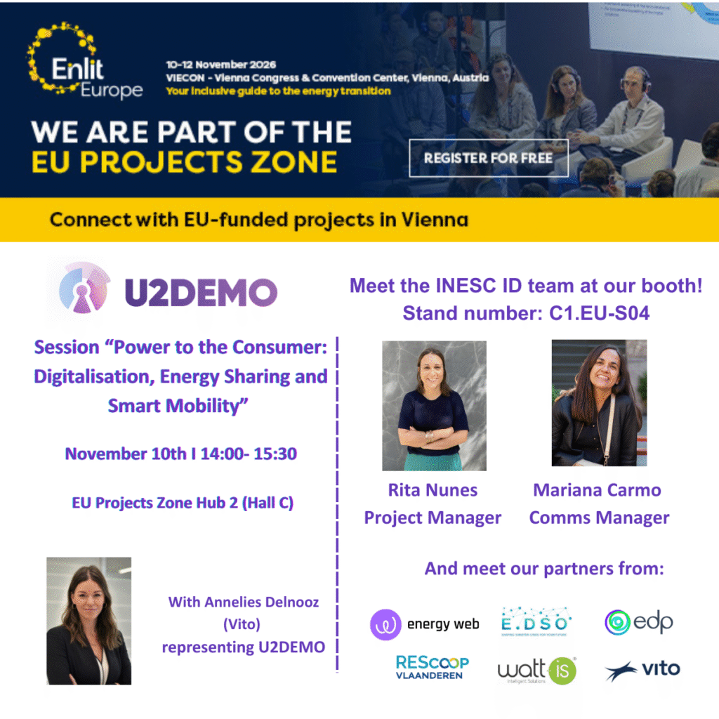 U2Demo participated in ENLIT Europe 2026 in Vienna, presenting its work on energy sharing, flexibility and consumer participation. Partners engaged with energy stakeholders and shared project insights during a dedicated session on digitalisation, energy sharing and smart mobility.